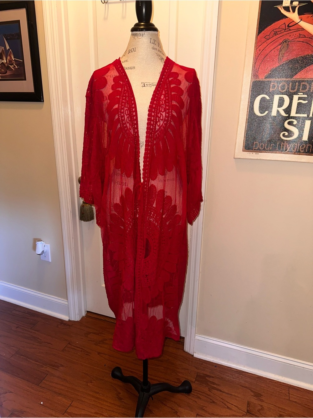 Red Sheer Lace Kimono Robe by